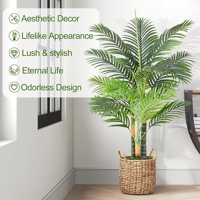 4ft Tall Triple Golden Cane Palm Artificial Tree Large Tropical Palm Tree UV Resistant Fake Plant in Pot for Indoor Outdoor Big House Living Room Outside Patio Office Home Decor 1Pack
