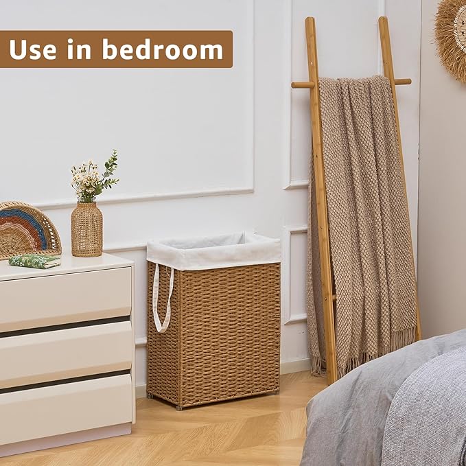 Slim Wicker Laundry Hamper, 55L Handwoven Rattan Basket with Handles, Narrow Laundry Basket with Removable Liner Bag & 2 Mesh Bags