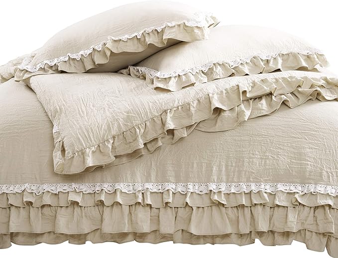 Lush Decor Ella Ruffle Lace Comforter, 3 Piece Set, Full/Queen, Neutral - Cute Comforter - Queen Bedding Set - Beige Bedding Full Size - Coquette Decor - Beige Lace Trim - Ruffle Trim