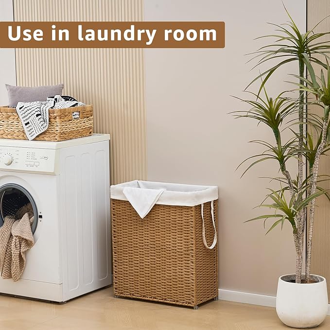 Slim Wicker Laundry Hamper, 75L Handwoven Rattan Basket with Handles, Narrow Laundry Basket with Removable Liner Bag & 2 Mesh Bags