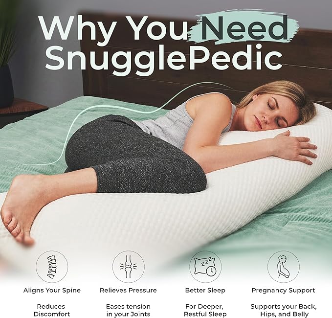 Snuggle-Pedic Body Pillow for Side Sleepers for Adults - Full Body Maternity Pillow Support Legs, Belly & HIPS - Shredded Memory Foam & Cooling Pregnancy Pillow Cover - 20x54 White