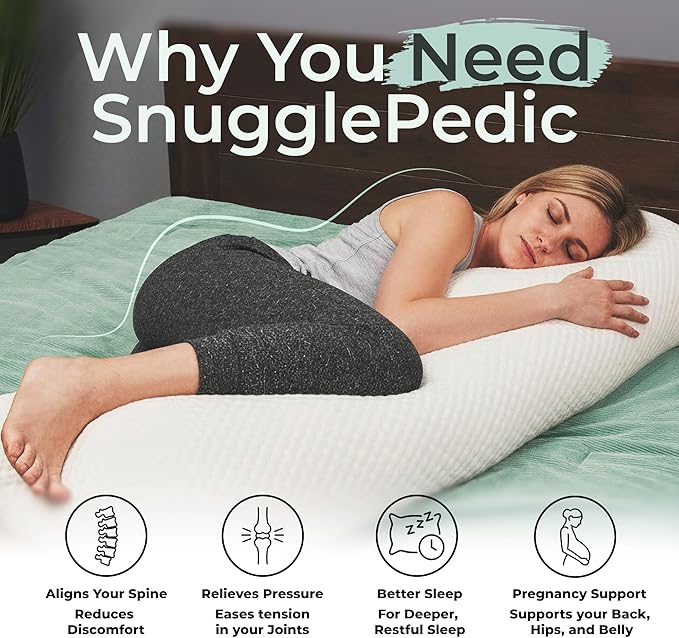 Snuggle-Pedic Body Pillow for Side Sleepers for Adults - Full Body Maternity Pillow Support Legs, Belly & HIPS - Shredded Memory Foam & Cooling Pregnancy Pillow Cover - 20x54 Light Gray