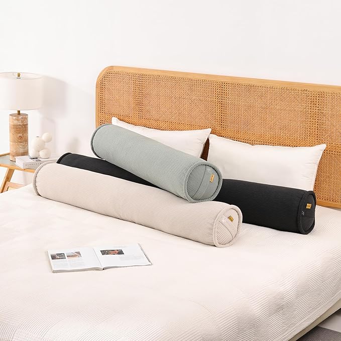 Long Round Body Pillow for Adults – Corduroy Cervical Roll Bolster Pillow, Firm Support for Spine Alignment & Side Sleeping,39 x 7.87 Inches,Lamp Black