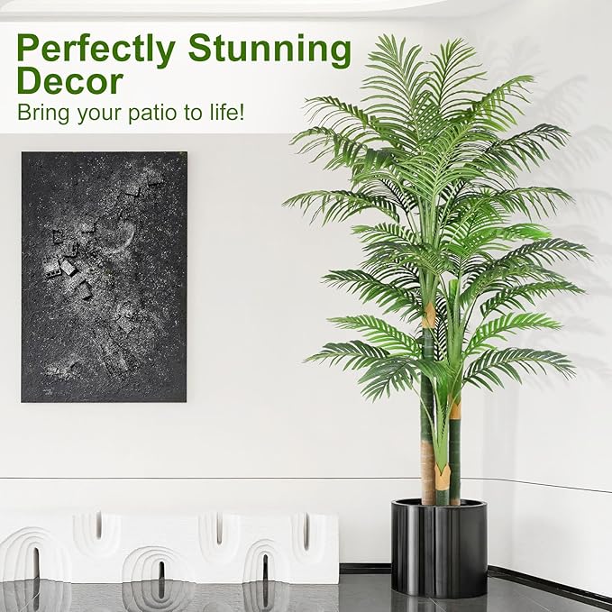 7ft Tall Triple Golden Cane Palm Artificial Tree Large Tropical Palm Tree UV Resistant Fake Plant in Pot for Indoor Outdoor Big House Living Room Outside Patio Office Home Decor 1Pack
