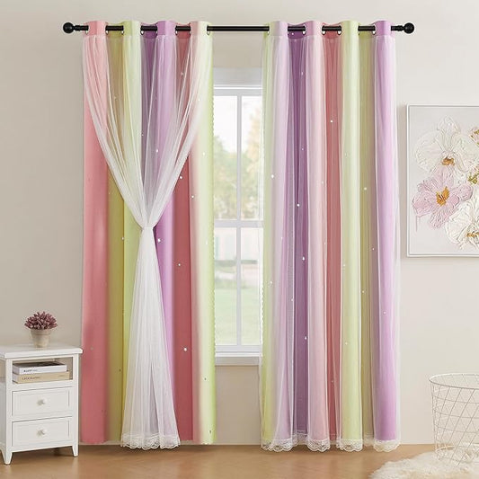 XiDi Pink & Rainbow Curtains for Kids & Girl Room - Blackout, Unicorn Wall Decals, Purple & Yellow, 34x84 Inch, 1 Panel