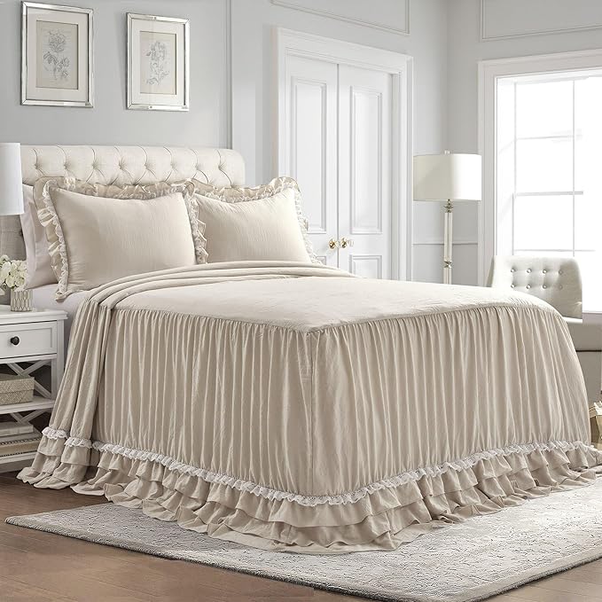 Lush Decor Ella Ruffle Lace Bedspread, 3 Piece Set, King, Neutral - Cute Bed Set - King Bedding - Beige Bedding - Coquette Decor - Neutral Ruffle Trim - Beige Lace Trim