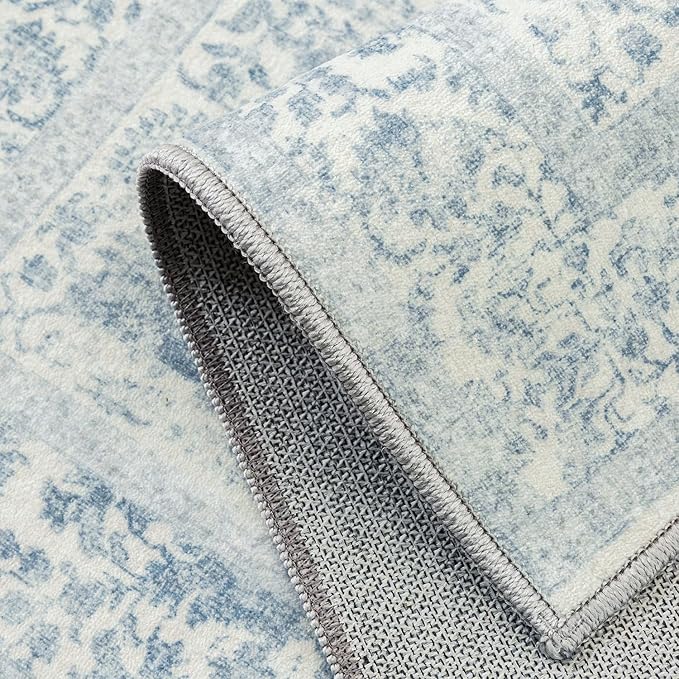 Blue Runner Rug 2x12 Hallway Machine Washable Kitchen Vintage Distressed Non Slip Long Carpet Indoor Retro Floral Bedroom Accent Throw Rug for Bathroom Office Laundry Dining Room