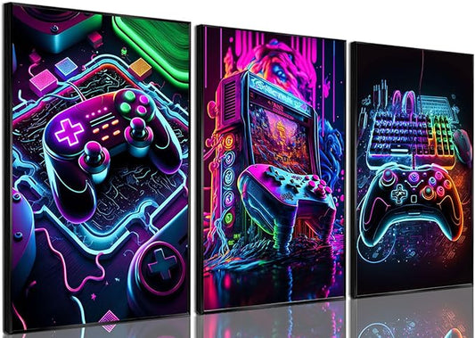 Game Room Decor Posters Set of 3 - Neon Gaming Accessories Theme Canvas Wall Art, Gamer Console Paintings Picture Wall Decor for Children Youth Boys Bedroom 12x16 inch Unframed