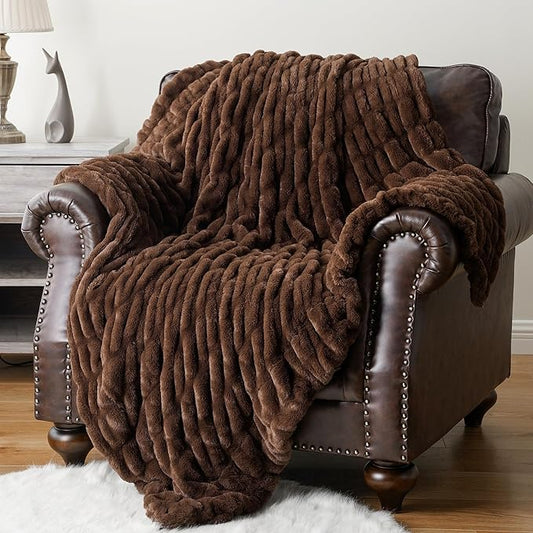 BATTILO HOME Rust Brown Faux Fur Throw Blanket for Bed, Large Double Side Reversible Ruched Rabbit Fur Blanket for Couch, Living Room, Soft Warm Mink Cozy Blanket, 60x80 Inch