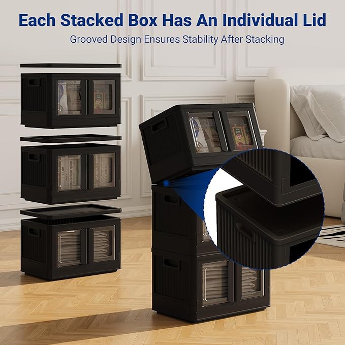 FLEXIMOUNTS 150 QT Stackable Storage Bins With Lids, Collapsible Plastic Storage Bins, Closet Organizers and Storage Containers with Doors and Built-in Wheels For Home, 4 Pack Cubes, Black