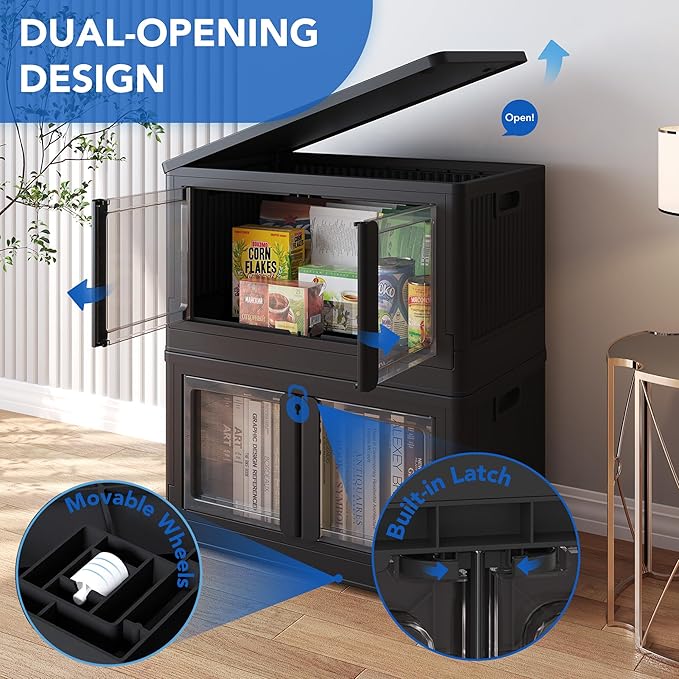 FLEXIMOUNTS 304 QT Stackable Storage Bins With Lids, Collapsible Plastic Storage Bins, Closet Organizers and Storage Containers with Doors and Built-in Wheels For Home, 4 Pack Cubes, Black