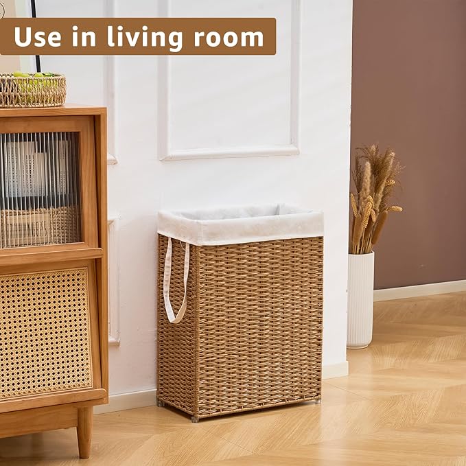 Slim Wicker Laundry Hamper, 55L Handwoven Rattan Basket with Handles, Narrow Laundry Basket with Removable Liner Bag & 2 Mesh Bags