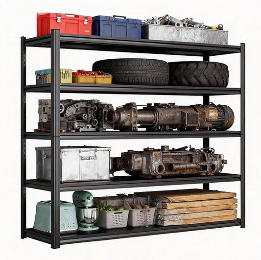 Garage Shelves,14-48''W Heavy-Duty Storage Shelves, Double-Layer Uprights, Thickened Shelves, Waterproof &Rustproof, Suitable for Indoor & Outdoor Use. (BLACK, 5TIER 45''W*16''D*72''H, 5-TIER)