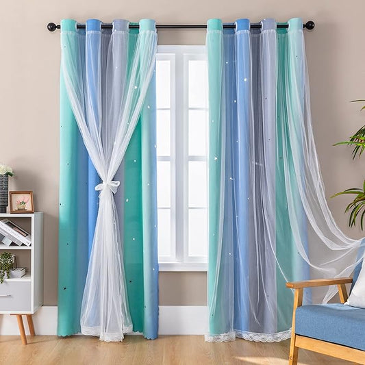 XiDi Dream Star Blackout Curtains for Kids Rooms Girl Princess Curtain for Daughter Bedroom Window (Blue Green Grey, W52 X L96)