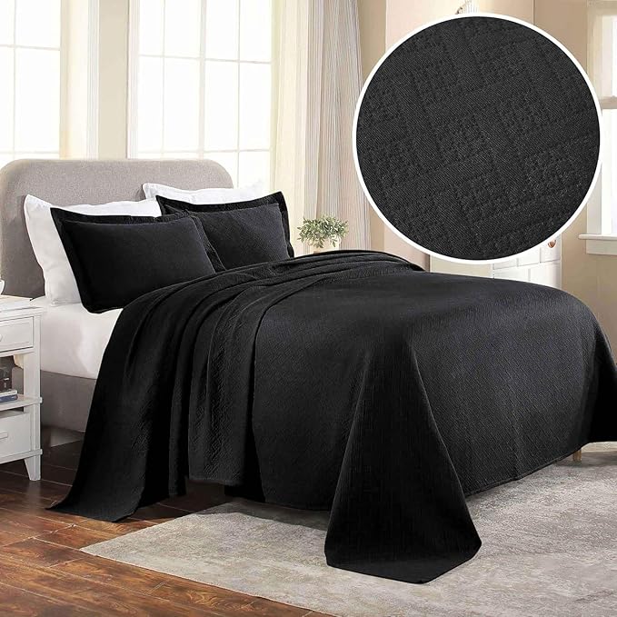Superior 3 Piece Basketweave Cotton Bedspread Set, Home Bed Decor, Decorative Bed Spread, 2 Pillow Shams, Medium Weight Blanket, Matelasse Coverlet Bedding, Geometric Lattice Pattern, Queen, Black