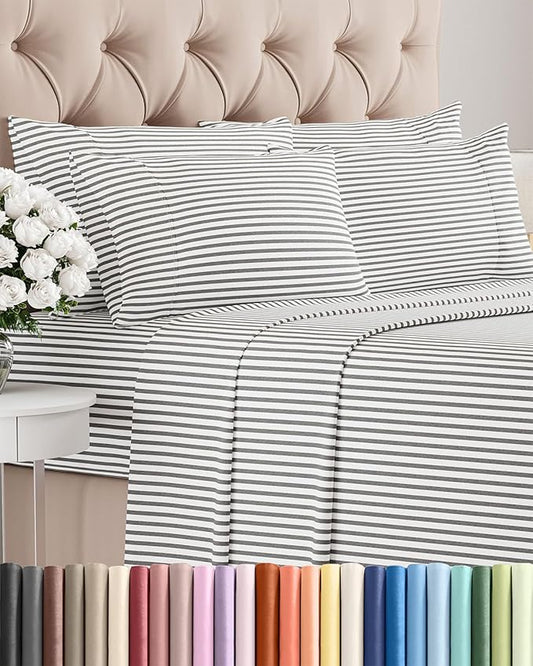 Queen 6 Piece Sheet Set - Cooling, Comfy & Breathable - Hotel Luxury Bedding, Includes Fitted Sheet for Women, Men, Kids & Teens - 1 Flat, 1 Fitted Sheet, 4 Pillowcases w/Deep Pockets - Grey Stripes