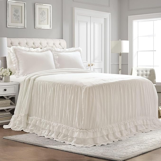 Lush Decor Ella Ruffle Lace Bedspread, 3 Piece Set, Queen, Ivory - Cute Bed Set - Queen Bedding - White Bedding - Coquette Decor - Neutral Ruffle Trim - White Lace Trim