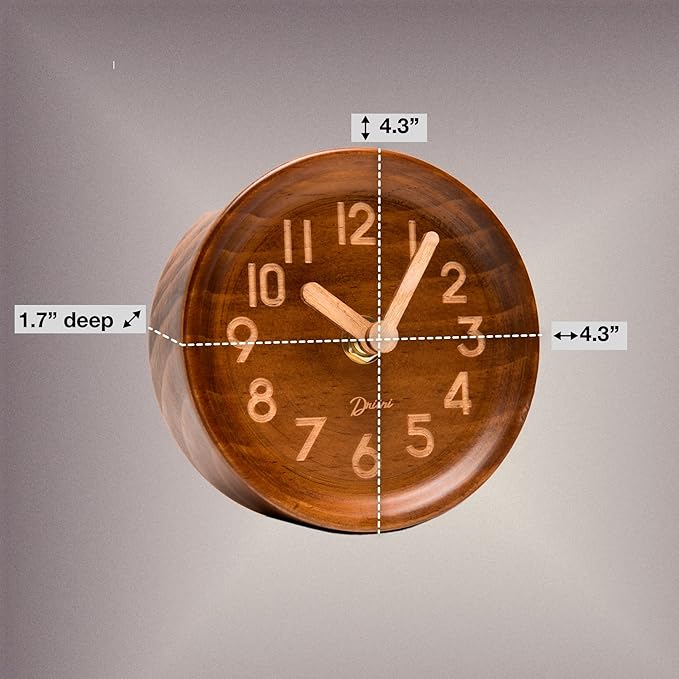 Driini Wooden Analog Desktop Clock – 4.3 in. Decorative Pinewood, No-Tick Design – Easy to Read Silent Sweep Mantle Clock – Quiet Tabletop Clocks with Wood Body, Hands, & Battery Cover; Dark