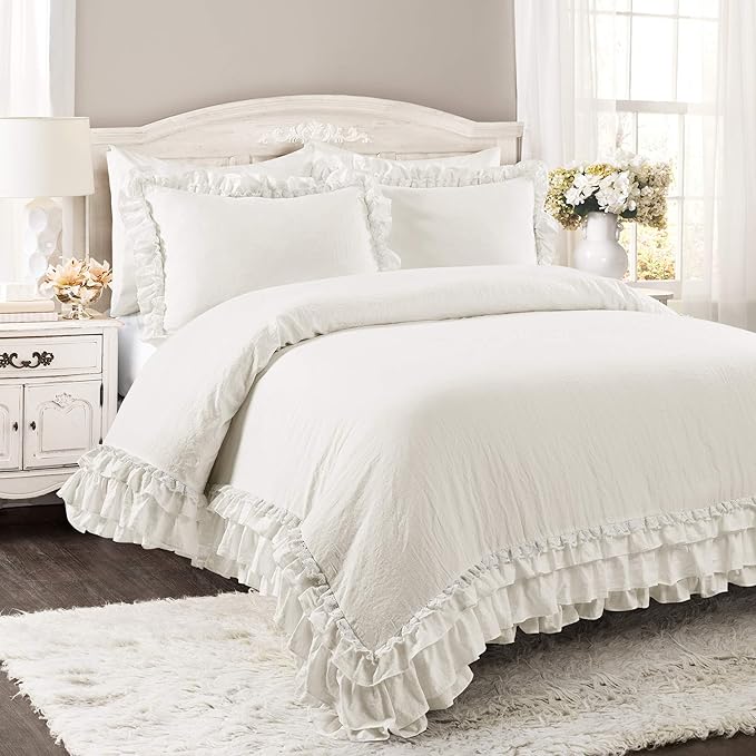 Lush Decor Ella Ruffle Lace Comforter, 3 Piece Set, Full/Queen, White - Cute Comforter - Queen Bedding Set - White Bedding Full Size - Coquette Decor - Ruffle Trim - Lace Trim
