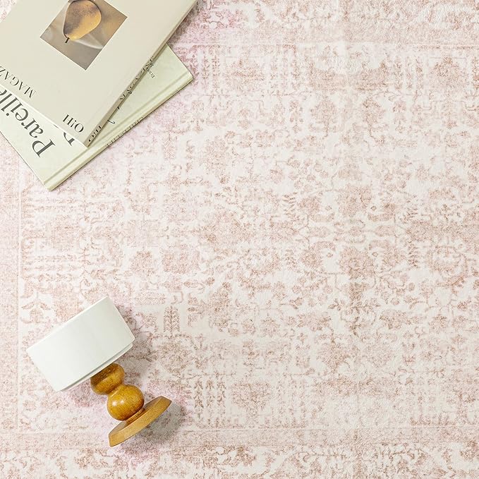 Pink Runner Rug 2x6 Hallway Machine Washable Kitchen Vintage Distressed Non Slip Long Carpet Indoor Retro Floral Bedroom Accent Throw Rug for Bathroom Office Laundry Dining Room