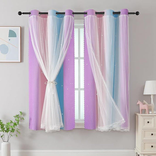 XiDi Curtains for Bedroom Decor, Rainbow Pink Purple/42/79