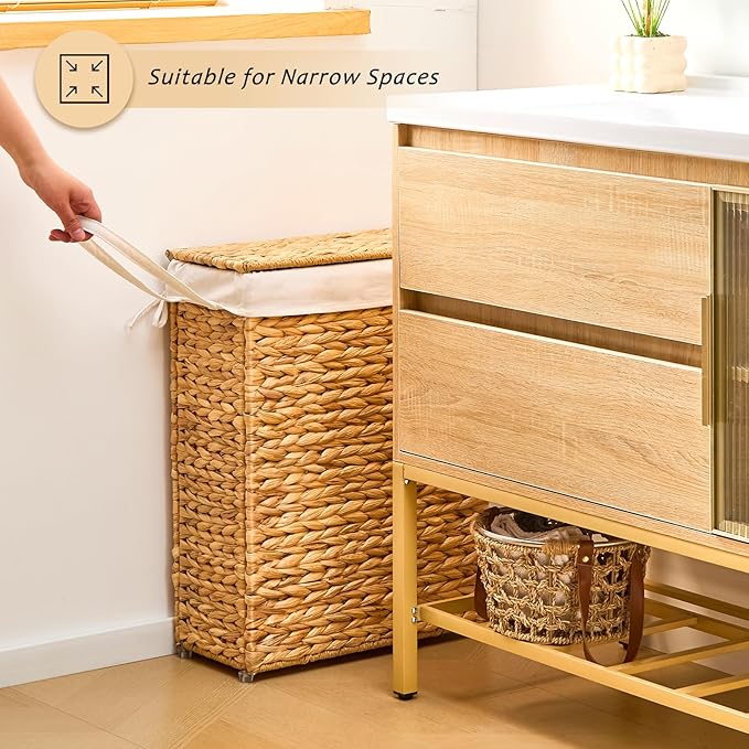Handwoven Slim Laundry Hamper with Lid, 75L Natural Water Hyacinth Basket and Handles, Narrow Wicker Laundry Basket with Removable Liner Bag & 2 Mesh Bags
