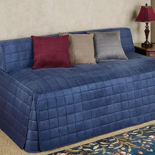Camden Luxury Bedding | Warm Indigo Color | Fitted Hollywood Daybed Bedding | Faux Suede Box Quilted Design | 5 Piece Set Includes Hollywood Cover, 2 Bolster Shams, and 2 Bolster Pillows