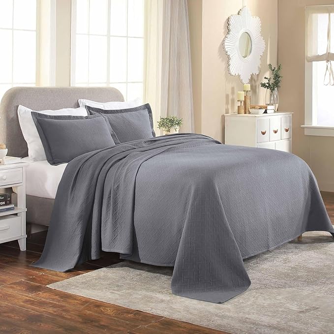 Superior 3 Piece Basketweave Cotton Bedspread Set, Home Bed Decor, Decorative Bed Spread, 2 Pillow Shams, Medium Weight Blanket, Matelasse Coverlet Bedding, Geometric Lattice Pattern, Full, Grey