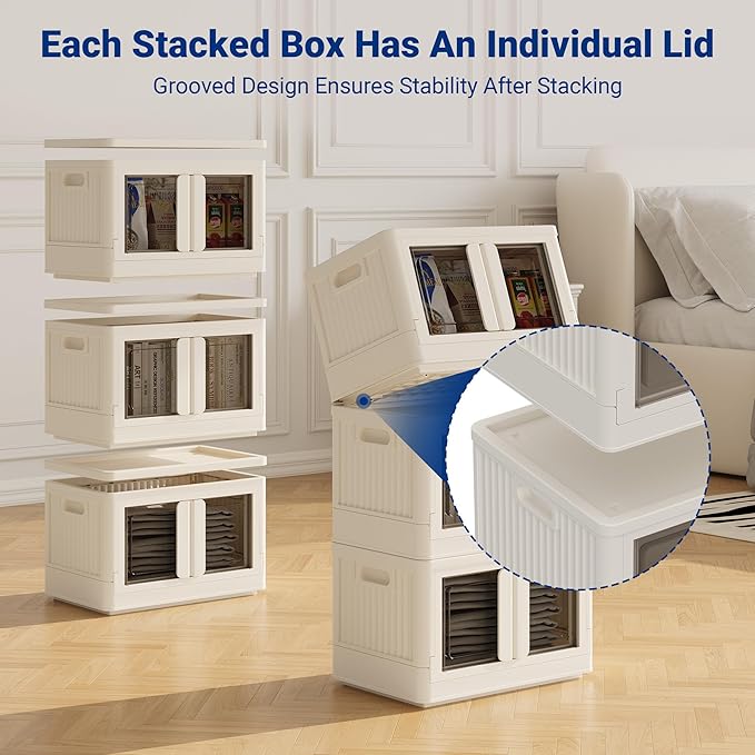 FLEXIMOUNTS 150 QT Stackable Storage Bins With Lids, Collapsible Plastic Storage Bins, Closet Organizers and Storage Containers with Doors and Built-in Wheels For Home, 4 Pack Cubes, Milky White