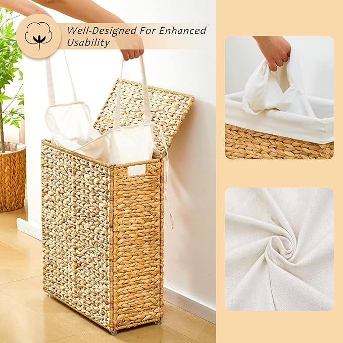 Handwoven Slim Laundry Hamper with Lid, 55L Natural Water Hyacinth Basket and Handles, Narrow Wicker Laundry Basket with Removable Liner Bag & 2 Mesh Bags