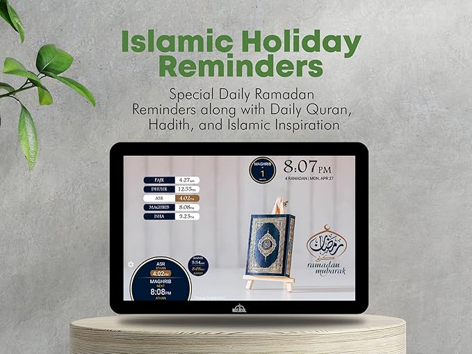 Masjidal 10" Digital Azan Clock with WiFi, Dynamic Touch Screen, Worldwide Prayer Times, Full Quran Player, Islamic Art, Streaming Halal Muslim Content: Duas, Dhikr, Hadith, Surah of The Day, Black