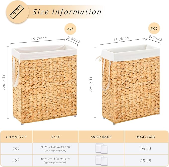 Handwoven Slim Laundry Hamper, 75L Narrow Laundry Basket, Natural Water Hyacinth Basket and Handles and Removable Liner Bag & 2 Mesh Bags (Natural, 75L)