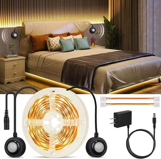 HOUHUI Dual Motion Sensor Light Indoor Under Bed Lights,16.4Ft Motion Activated LED Strip Lights for Bedside,12V Warm White Under Cabinet Light Two Motion Sensors LED Strip for Stair Closet Hallway