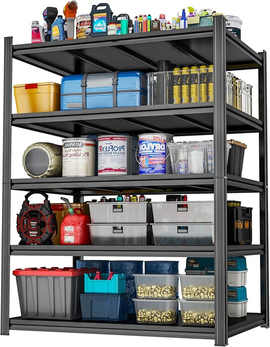 Metal Garage Shelving Unit, Heavy Duty 5-Tier Adjustable Storage Rack, Steel Shelving, 3020 lbs Capacity, Industrial Shelves for Heavy Tools and Equipment, Ideal for Garage, Basement, Black, 63"