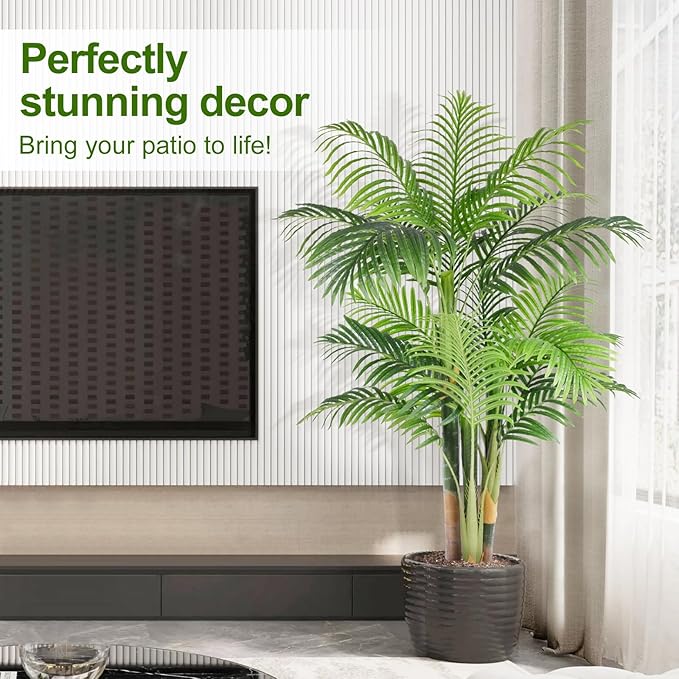 5ft Tall Triple Golden Cane Palm Artificial Tree Large Tropical Palm Tree UV Resistant Fake Plant in Pot for Indoor Outdoor Big House Living Room Outside Patio Office Home Decor 1Pack