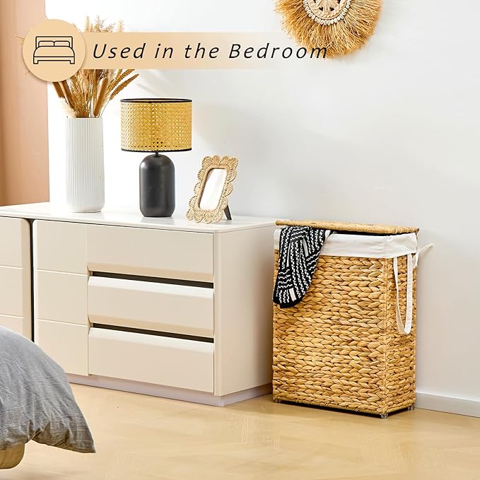 Handwoven Slim Laundry Hamper with Lid, 55L Natural Water Hyacinth Basket and Handles, Narrow Wicker Laundry Basket with Removable Liner Bag & 2 Mesh Bags