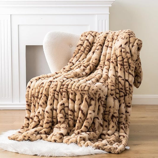 BATTILO HOME Luxury Ruched Faux Fur Throw Blanket Leopard Print, Double Side Soft Warm Rabbit Fur Blanket for Bed, Couch, Fall Throw Blanket for Home Decor, Large Cozy Mink Blanket 60"x80"