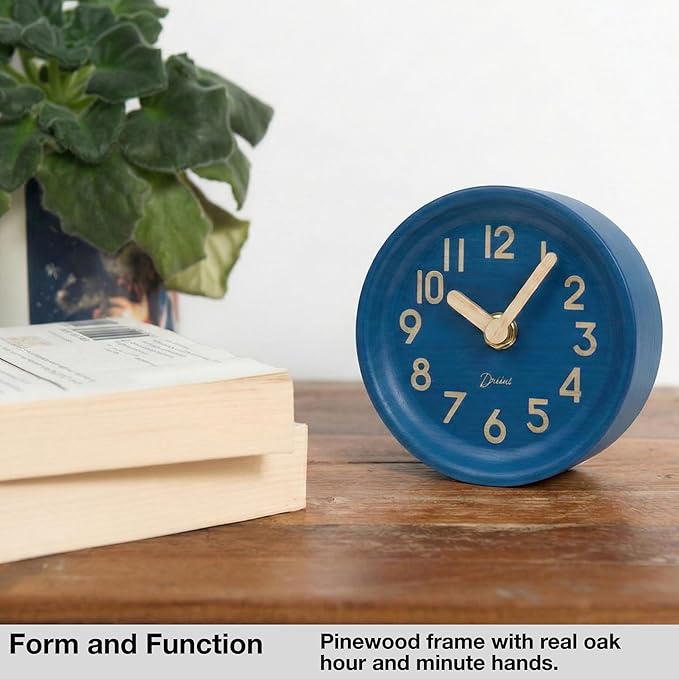 Driini Wooden Analog Desktop Clock – 4.3 in. Decorative Pinewood, No-Tick Design – Easy to Read Silent Sweep Mantle Clock – Quiet Tabletop Clocks with Wood Body, Hands, & Battery Cover; Blue