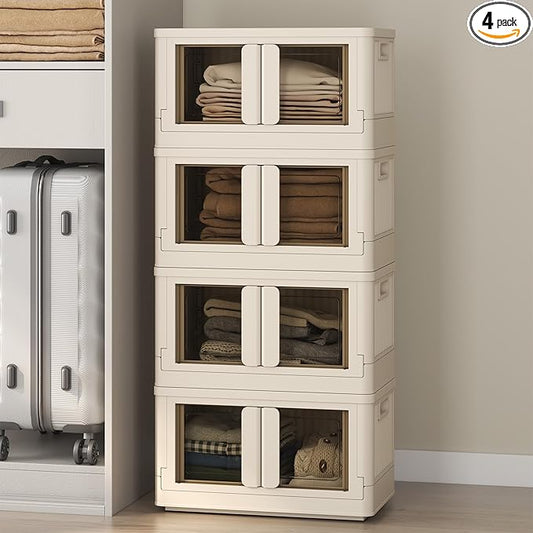 FLEXIMOUNTS 150 QT Stackable Storage Bins With Lids, Collapsible Plastic Storage Bins, Closet Organizers and Storage Containers with Doors and Built-in Wheels For Home, 4 Pack Cubes, Milky White