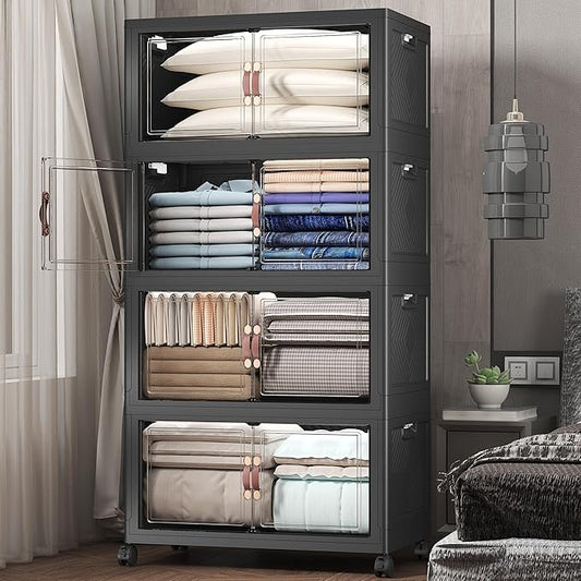 Extra Large Stackable Storage Bins with Lids&Wheels,660QT-165QT/41GAL*4Pack Collapsible Container Closet Organizers,Plastic Stackable Storage drawers for bedroom Dorm