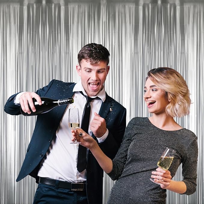 GOER 3.2 ft x 8.2 ft Metallic Tinsel Foil Fringe Curtains Party Photo Backdrop Party Streamers for Birthday,Graduation,New Year Eve Decorations Wedding Decor (3 Pcs,Matte Silver,Thick Material)