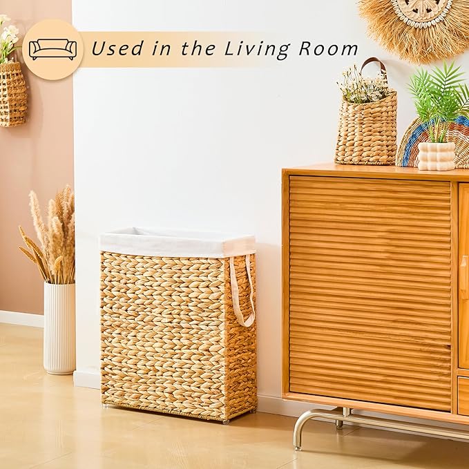 Handwoven Slim Laundry Hamper, 75L Narrow Laundry Basket, Natural Water Hyacinth Basket and Handles and Removable Liner Bag & 2 Mesh Bags (Natural, 75L)