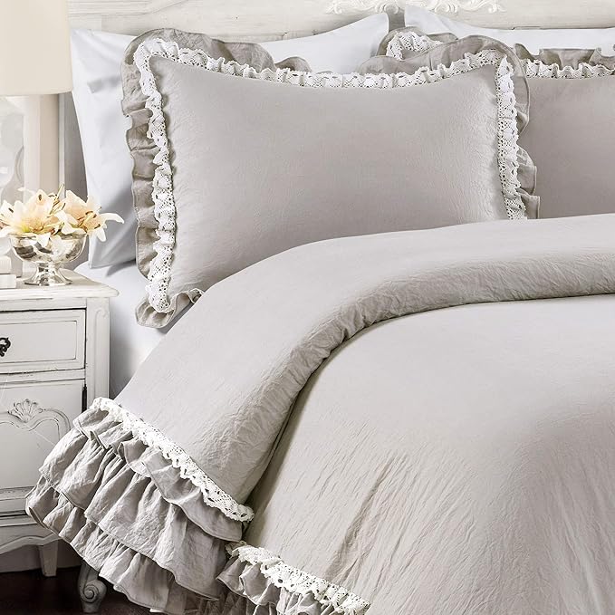 Lush Decor Ella Ruffle Lace Comforter, 3 Piece Set, Full/Queen, Light Gray - Cute Comforter - Queen Bedding Set - Gray Bedding Full Size - Coquette Decor - Ruffle Trim - Lace Trim