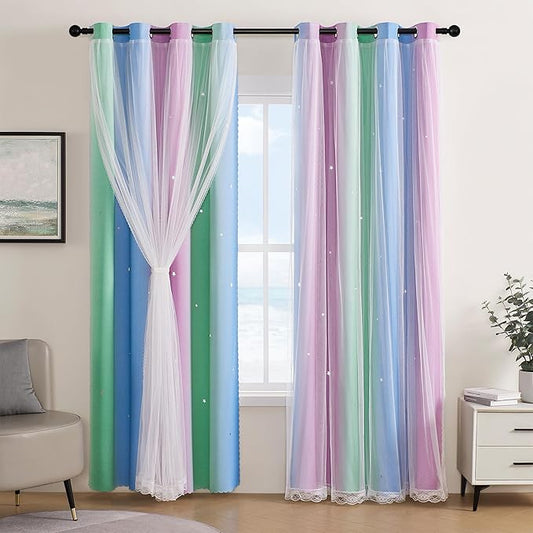 XiDi Curtains for Bedroom Decor, Rainbow Green PurpleBlue34/96/1
