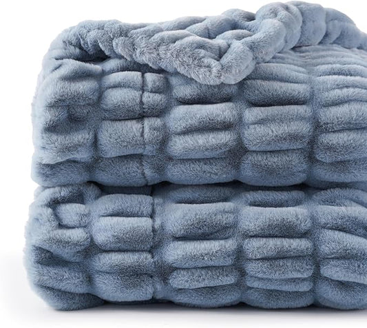 BATTILO HOME Faux Fur Throw Blanket for Couch, Super Soft Cozy Blanket, Double Sided Ruched Rabbit Faux Fur Blanket for Bed, Living Room, 50"x60", Bluish Grey