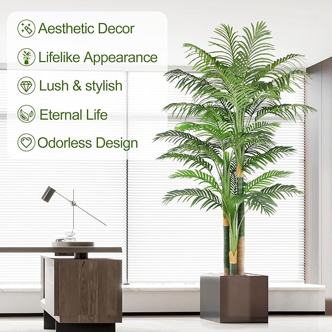 7ft Tall Triple Golden Cane Palm Artificial Tree Large Tropical Palm Tree UV Resistant Fake Plant in Pot for Indoor Outdoor Big House Living Room Outside Patio Office Home Decor 1Pack