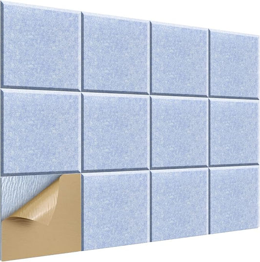 Self-Adhesive Acoustic Panels, 12 Pcs 12" X 12" X 0.4" Square Sound Absorbing Panels, High Density Acoustical Wall Padding(Light Sky Blue)