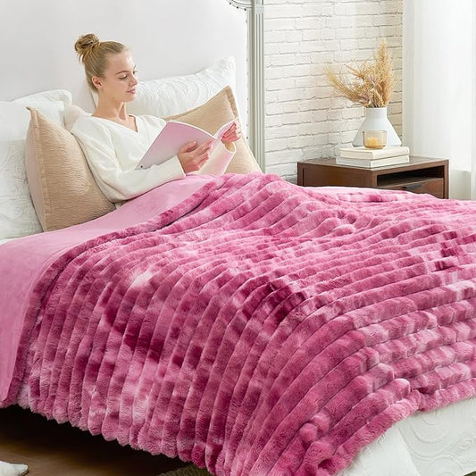 Cozy Bliss Faux Fur Throw Blanket for Couch, Cozy Warm Plush Striped Blanket for Sofa Bedroom Living Room, 90 * 90 Inches Tie-dye Pink