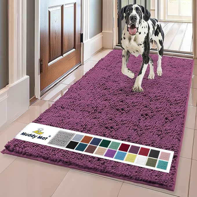 Muddy Mat® | Super Absorbent Door Mat Indoor, Microfiber Quick Dry Chenille Entryway Rug, Non-Slip Front Door Mat, Indoor Mats for Entryway, Machine Washable Pet Rug, Dark Purple 24" x 96"