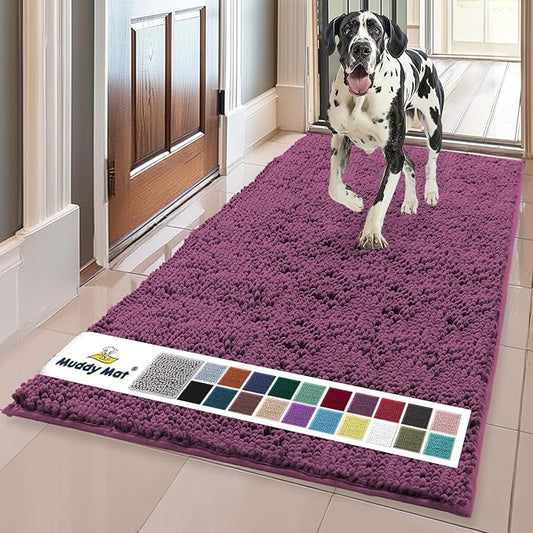 Muddy Mat® | Super Absorbent Door Mat Indoor, Microfiber Quick Dry Chenille Entryway Rug, Non-Slip Front Door Mat, Indoor Mats for Entryway, Machine Washable Pet Rug, Dark Purple 24" x 96"